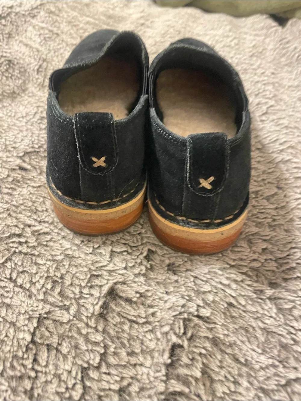 UGG Black Suede Slip-On Loafers with Tan Contrast Sole